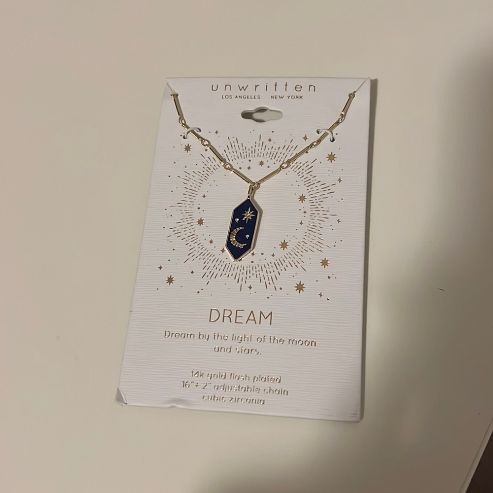 Unwritten, 14k gold, 16” + 2” adjustable chain, cubic zirconia. Moon and stars